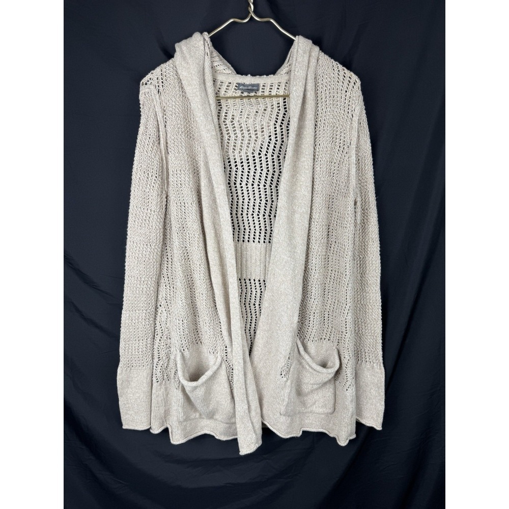 Eddie Bauer Hooded Cardigan Sweater M Oatmeal Open Front Pointelle Knit boho